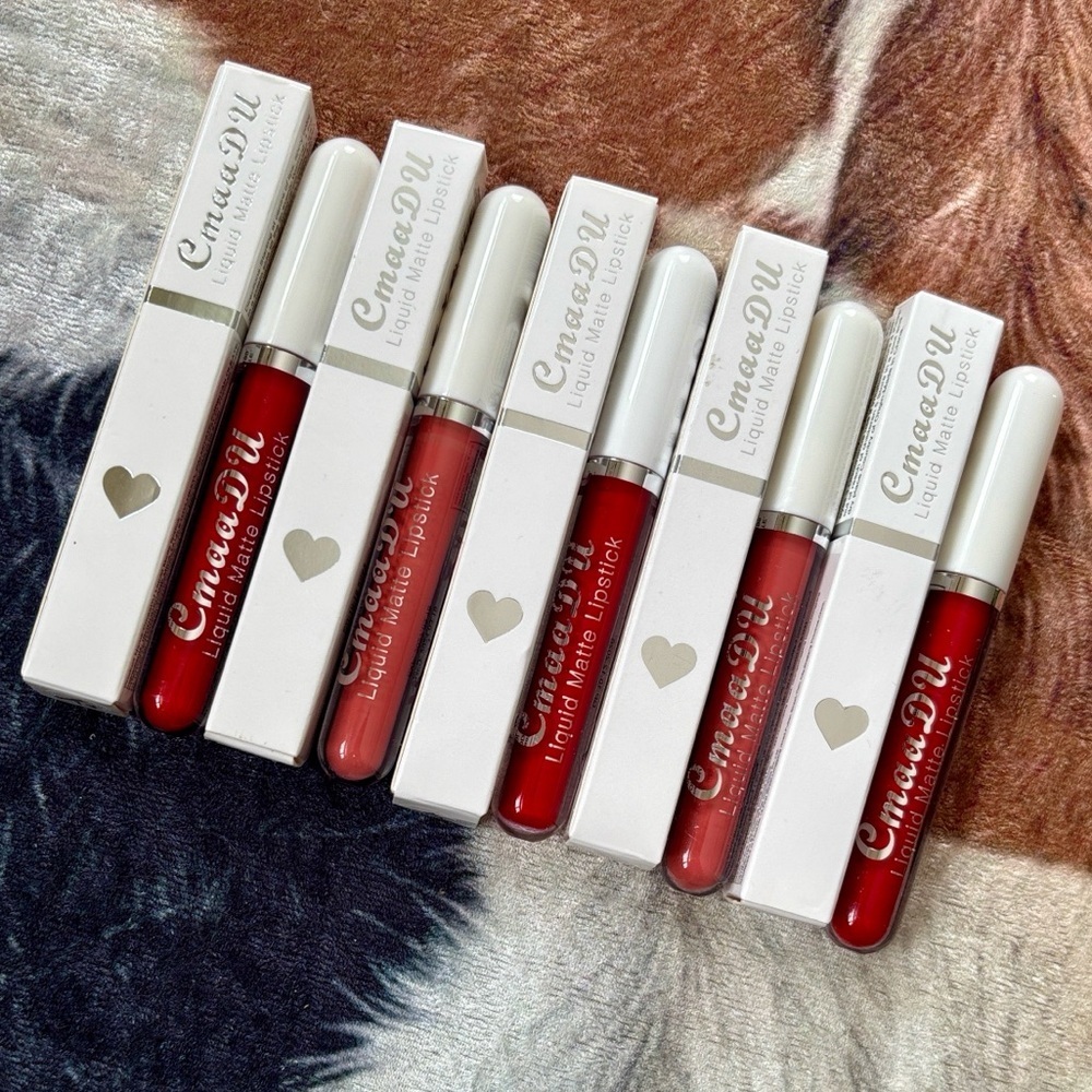 Brand New CmaaDu Set of 5 Matte Liquid Lipsticks 13 Ruby Red & 01 Waterproof